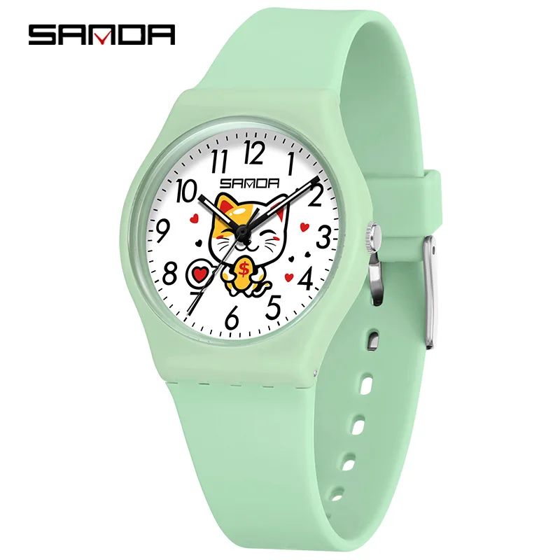 Fashion Sanda 6139 Student Quartz Watch Creative Cute Cartoon Wealth Cat Silicone Strap Wristwatch For Boys And Girls Clock Gift 6