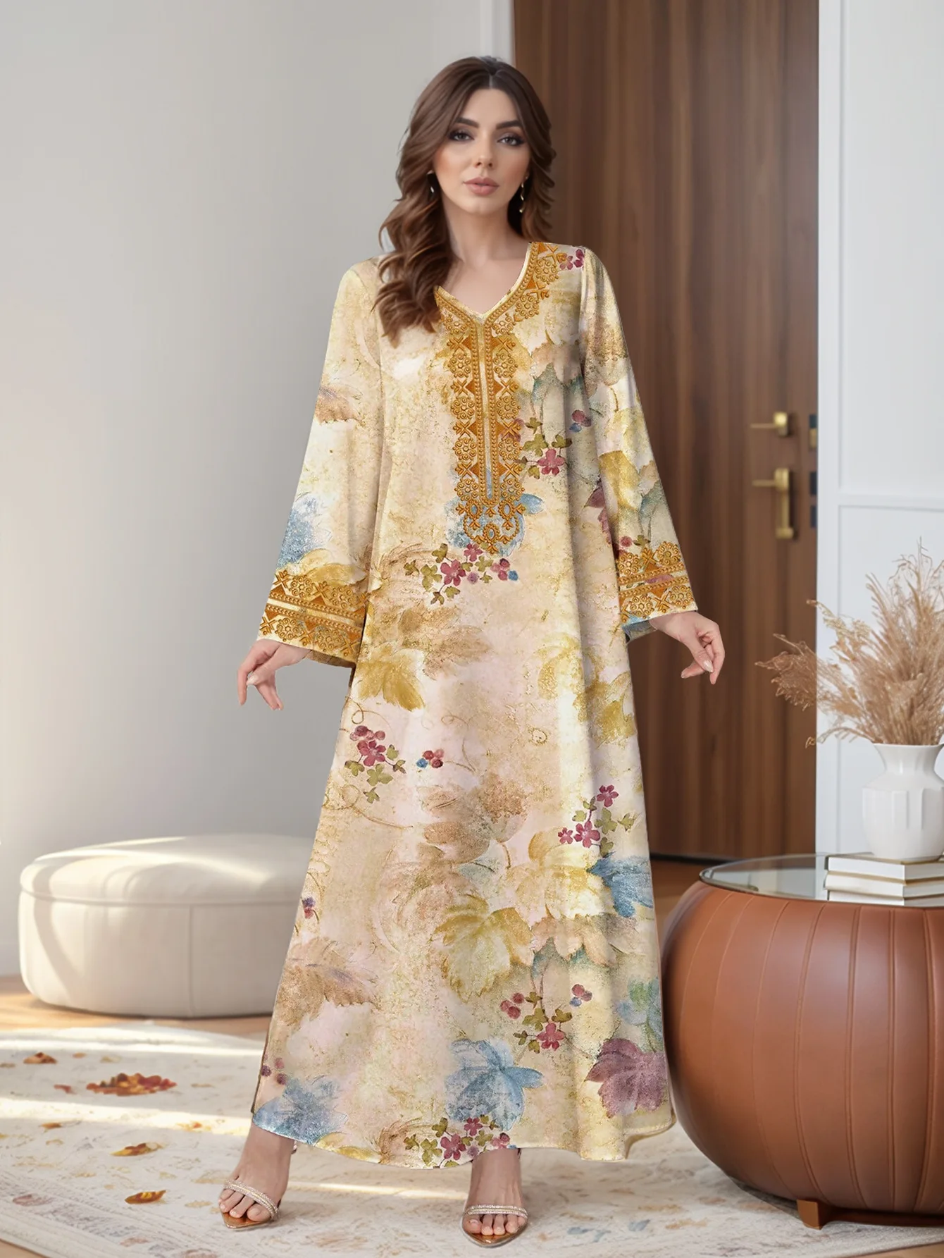 Eid Party Dress for Women Muslim Abaya Print V Neck Jalabiya Ramadan ...