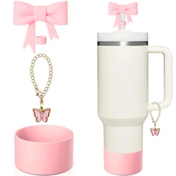 Ultimate Tumbler Accessory Set: Bow Straw Cover, Water Bottle Boot, and Charm Chain (Pink)