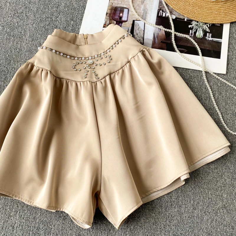 VANOVICH 2022 Spring and Summer Fashion Heavy-duty Beaded Diamond Bow HIGH Wide Leg Pants Shorts Solid Casual Women Shorts high waisted shorts