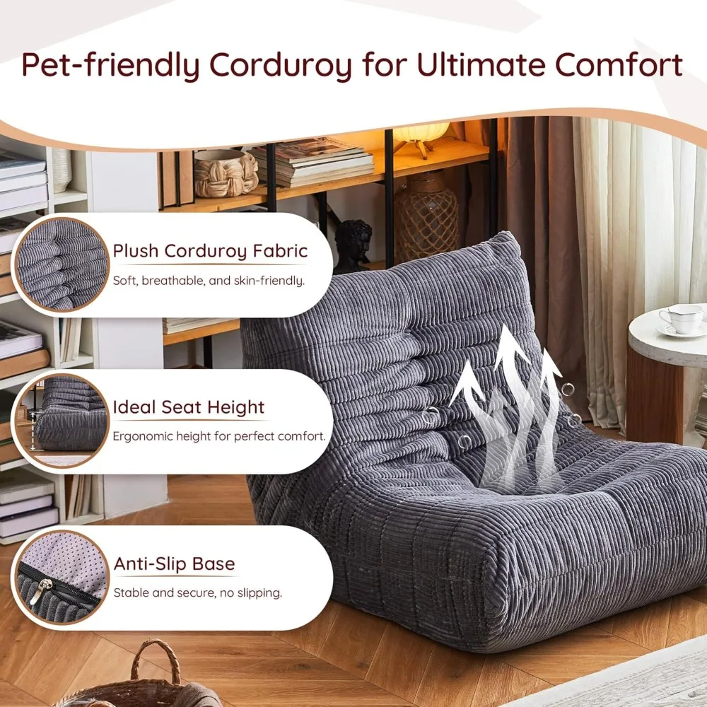 Large Memory Foam Bean Bag Chair, Corduroy Floor Sofa for Adults, Anti-Slip Base, Grey