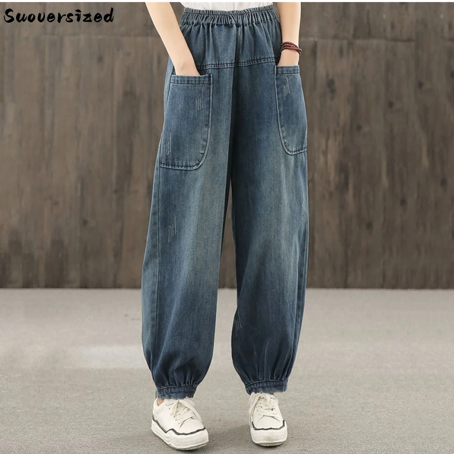 

Oversize Bleached Vintage Baggy Jeans Elastic High Waist Denim Pants Casual Capris Women Trouser Korean Vaqueros Street Pantalon