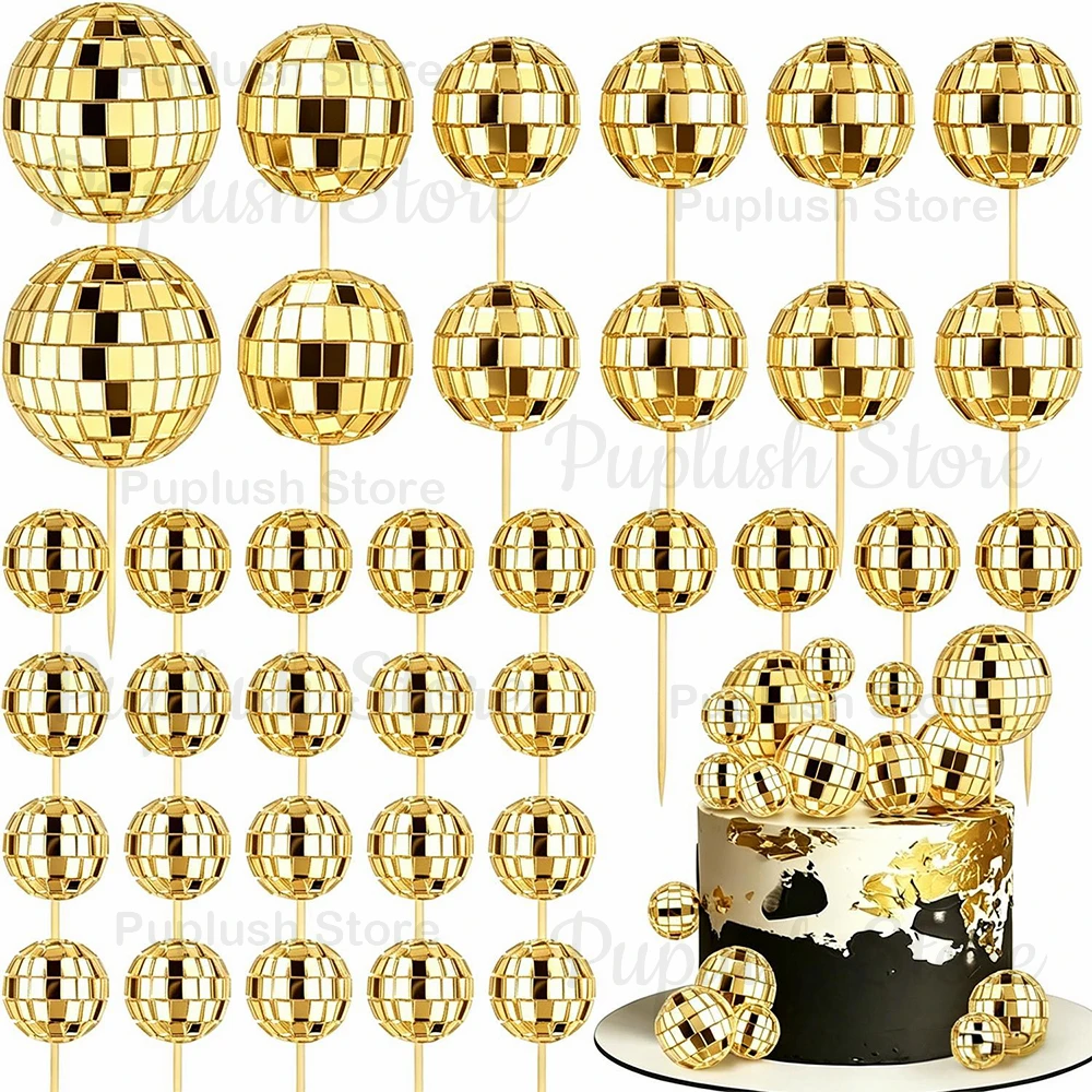 34-teiliges Disco-Kugel-Cupcake-Topper-Set, Spiegel-Silber, Gold, Pink, 70er Retro Kuchendekoration für Disco-Themen-Geburtstagsfeiern – Detail 2