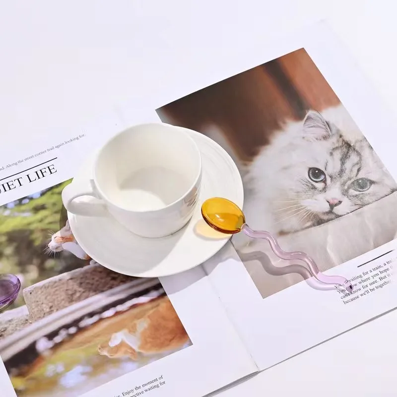 Creative Glass Milk Spoons Colored Transparent Coffee Dessert Stirring Spoon Long Handle Wave Stirrer Spoon Kitchen Tableware