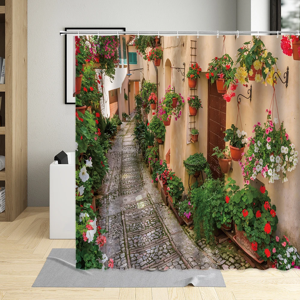 

Rural Garden Flowers Scenery Decor Screens Shower Curtains Picturesque Floral Alley Vintage Streets Bathroom Curtains With Hooks