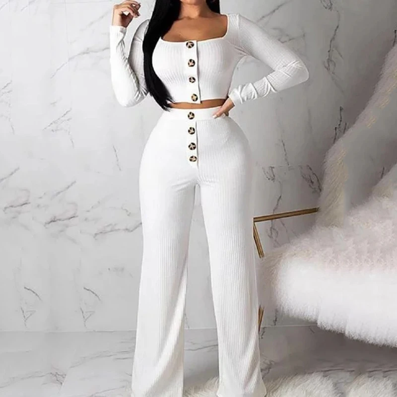 

Women Two Piece Sets Sportsuits Femme Slim Long Sleeve Button Casual Sets Sweater Tops and Elastic Waist Pants Knitted Suits