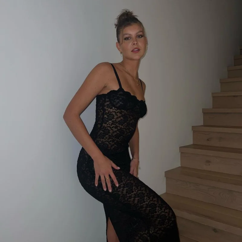 Lace Black Dress Female Slim Hollow Out Spaghetti Backless Dress Elegant Party Evening Gown Split Women Maxi Dress Summer
