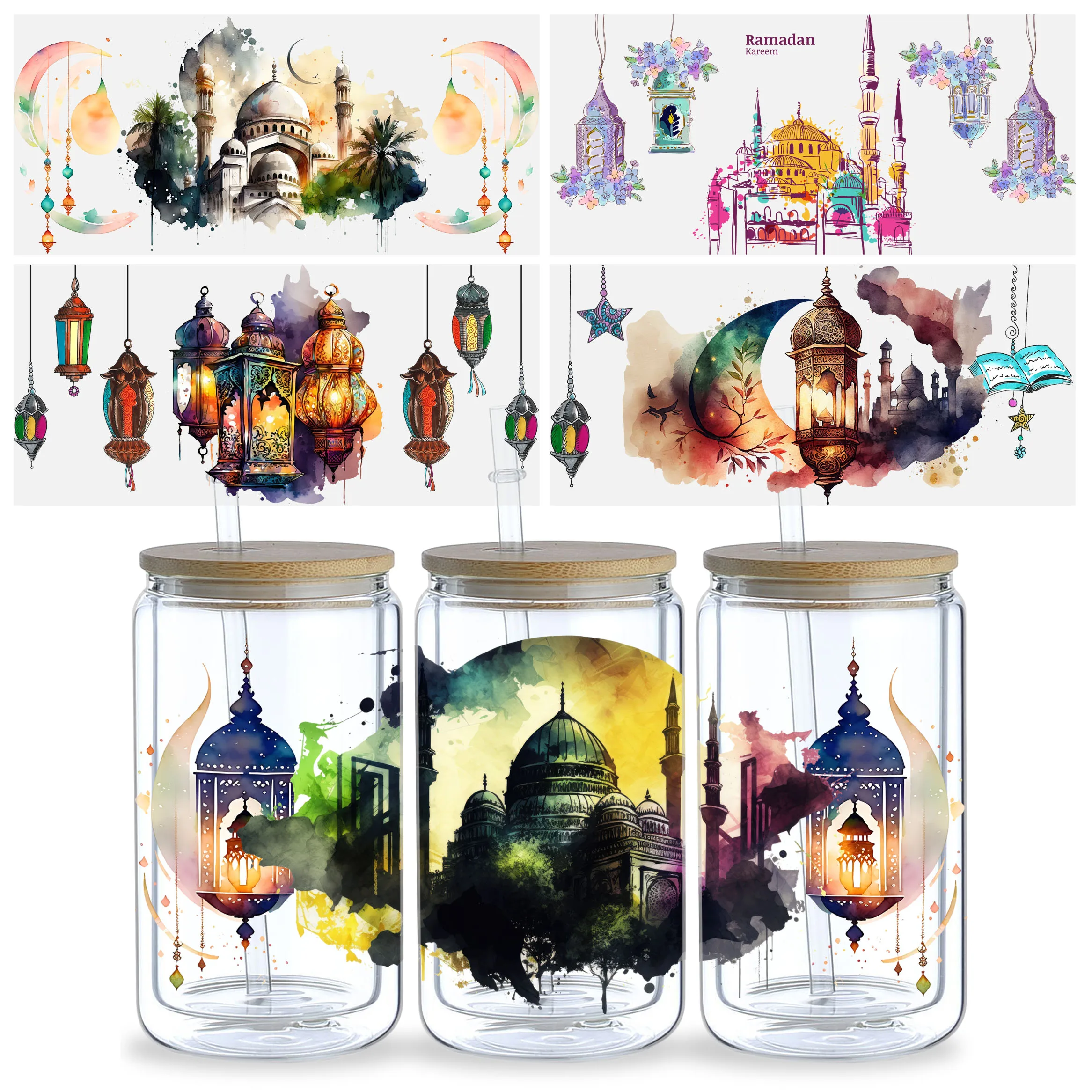 5 Sheets Islamic Ramadan UV DTF Cup Wrap Sport DTF Transfer Stickers for Glass Cup Waterproof Ramadan Rub on Transfers Cup Wraps Uv Dtf Wrap Transfer