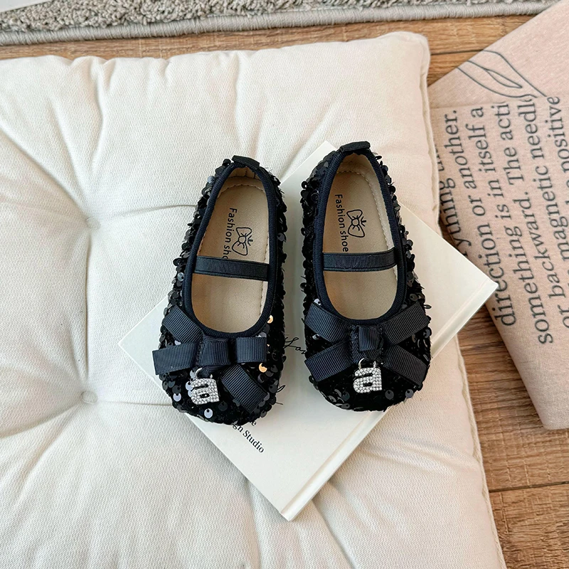 Children Lesther Shoes for Girls Spring/Summer New Single Shoe for Party Cute Korean Sequin Bow Fashionable Princess Flats
