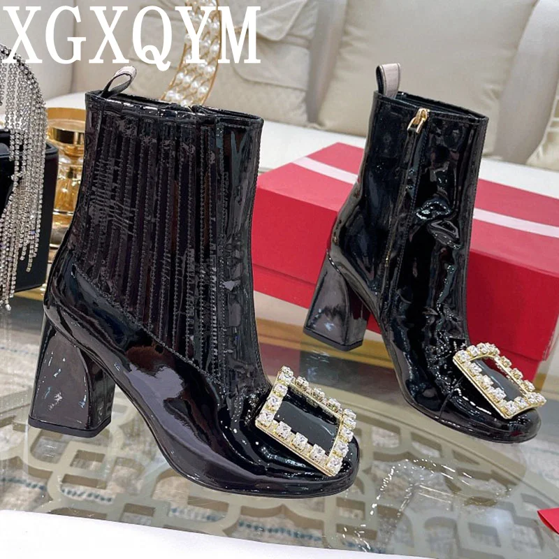 

Women High Heel Winter Boots Brand Round Toe Shoes Crystal Square Buckle Ankle Boots Metal Rhinestones Decor Runway Shoes 2022