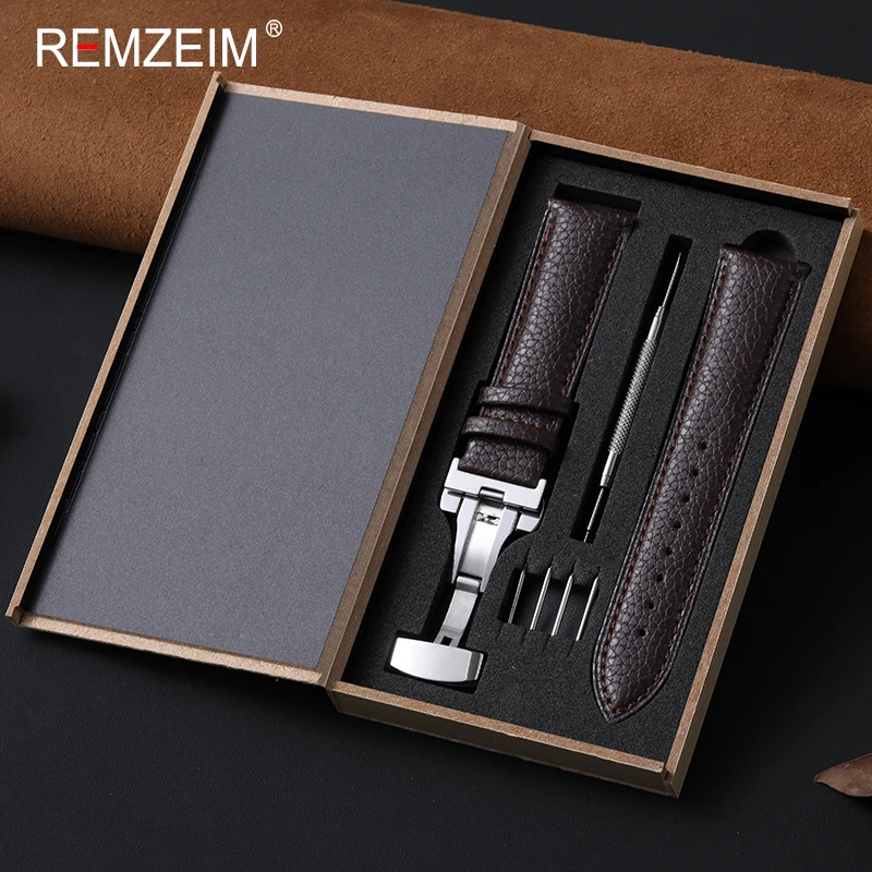 Lychee Pattern Leather Watch Band with Butterfly Buckle in Gift Box - Comfortable Unisex Wrist Strap