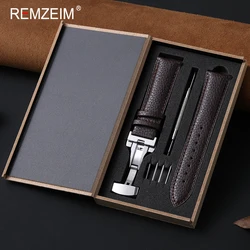 Lychee Pattern Leather Watch Band with Butterfly Buckle in Gift Box - Comfortable Unisex Wrist Strap - 22mm (Dark Brown)