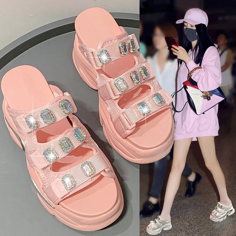 European Rhinestone Buckle Thick Bottom Higher Slope Heel Sponge Cake Casual Women's Summer New High Heel Sandals Slippers