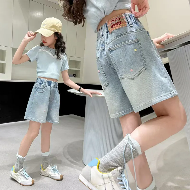 2026 여름 어린이 데님 반바지 120-170cm 소녀용 자수 탄성 허리 캐주얼 무릎 길이 십대 어린이 반바지