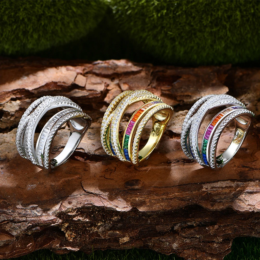 

S925 Silver Wrapped Rings Women Line Interlaced Ring Female Shiny 5A Zircon Vintage Design Luxury Jewelry Girl Holiday Gift