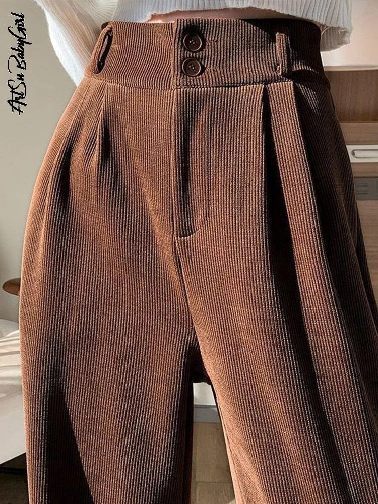 

Brown Corduroy Pants Women High Waist Pant Full Length Trousers Straight Black Pant All Match Solid Streetwear Velvet Pant