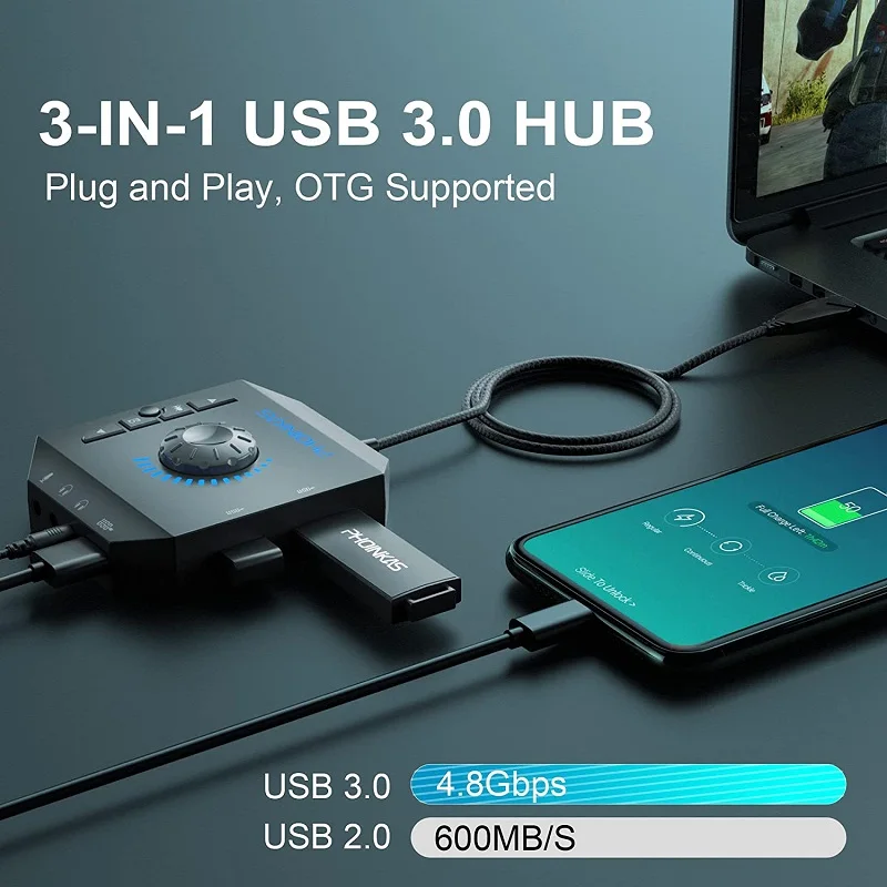 USB 3.0 Hub 3 Ports USB Sound Card 2 in 1 External Stereo Audio Adapter  3.5mm with Headphone Microphone USB Sound Card