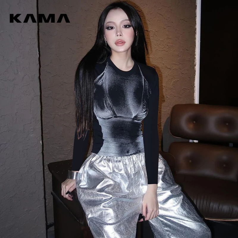 

KAMA 2024 Spring Women Fashion Print Long Sleeve Patchwork Sexy Slim Crop T-Shirt Top Streetwear Nightclub Y2K Clothes