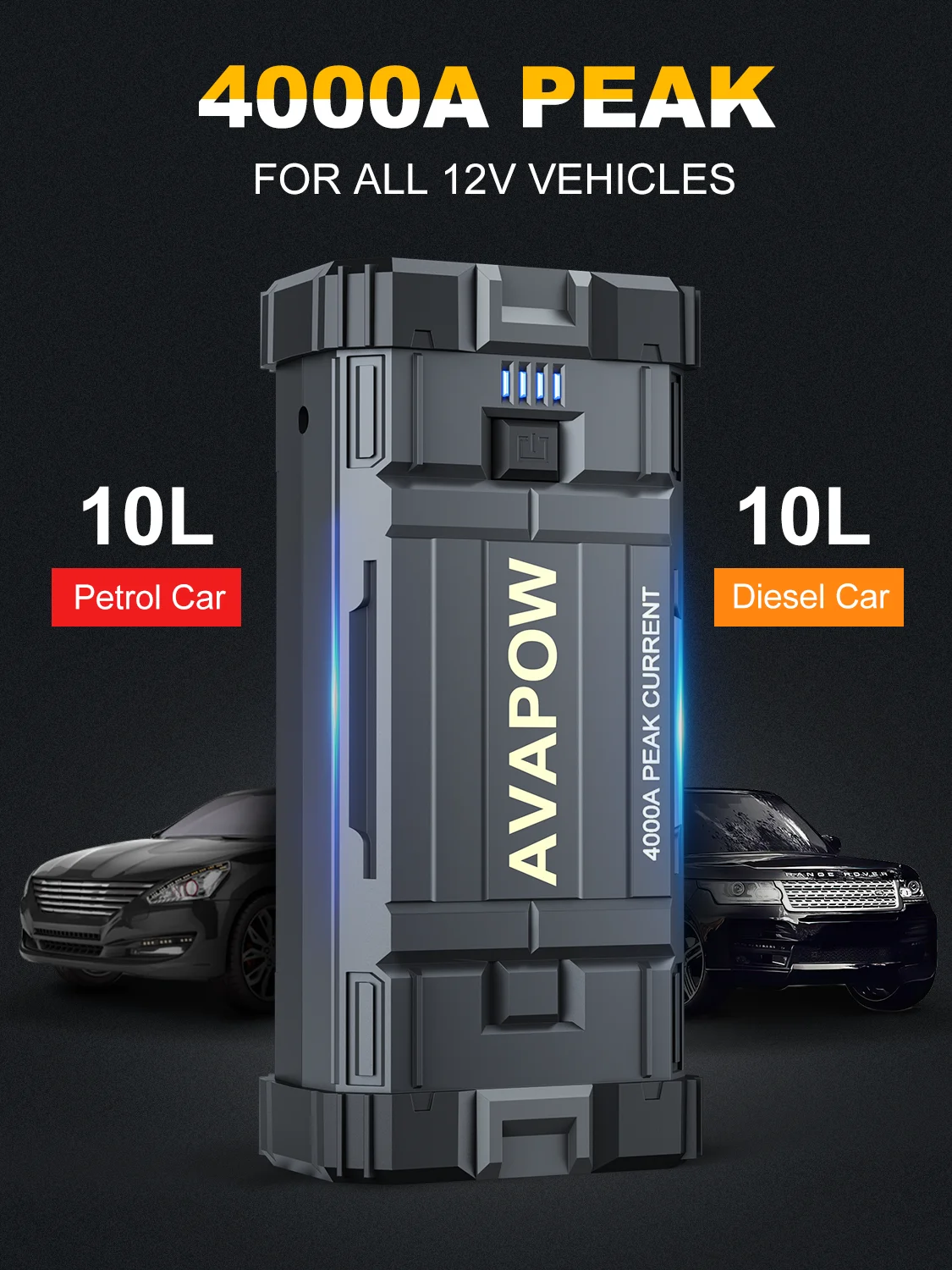 AVAPOW 4000A Car Jump Starter: Portable Power Pack for Gas & Diesel Engines, 12V, with LED Light & USB Quick Charge 3.0.