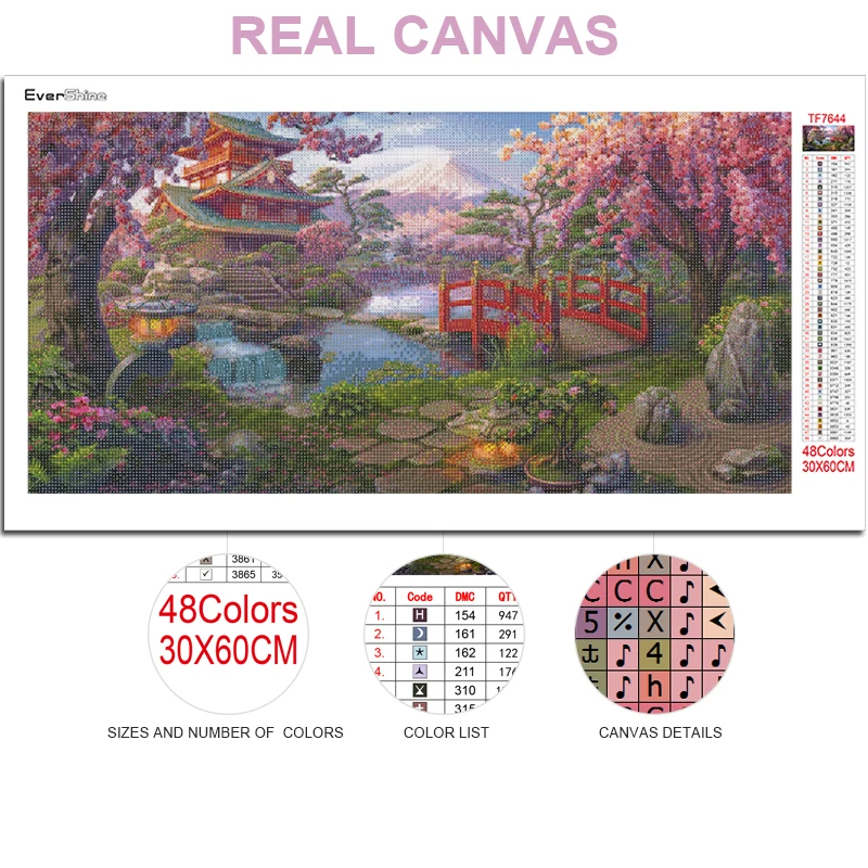 EverShine 5D Diamond Painting Cherry Blossom Cross Stitch Diamond Mosaic Japanese Needlework Embroidery Landscape House Wall Art