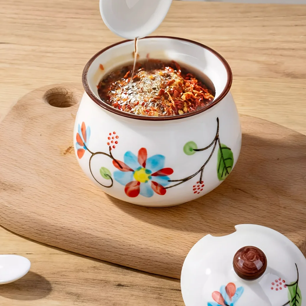 3pcs Hand-Painted Ceramic Salt & Sugar Jars Suitable Storage, Lidded Spoons Included with Underglaze Containers, Decorative Cond 5