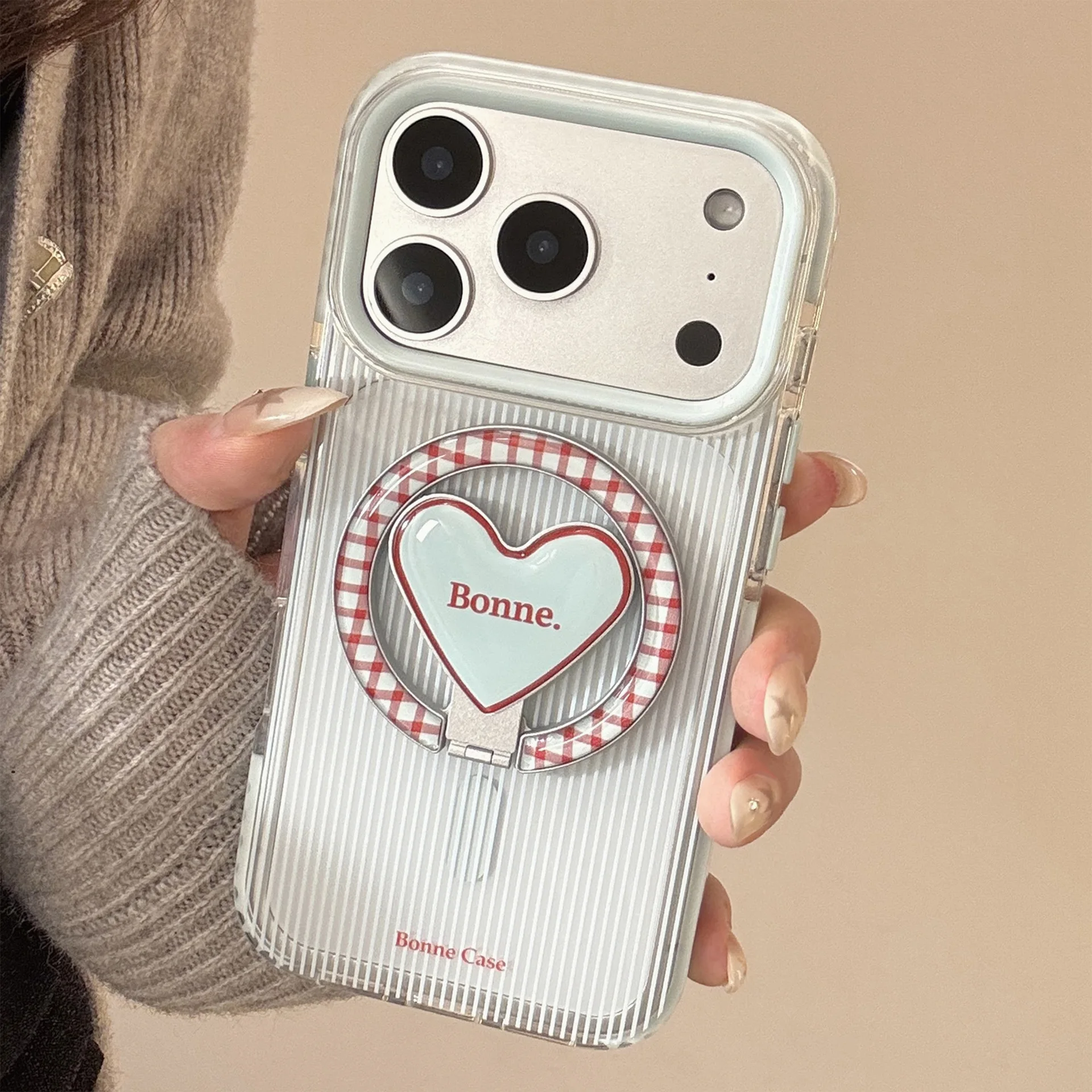 Elegant Striped Plaid Foldable Heart Bracket Magnetic Phone Case, Shockproof Soft Cover