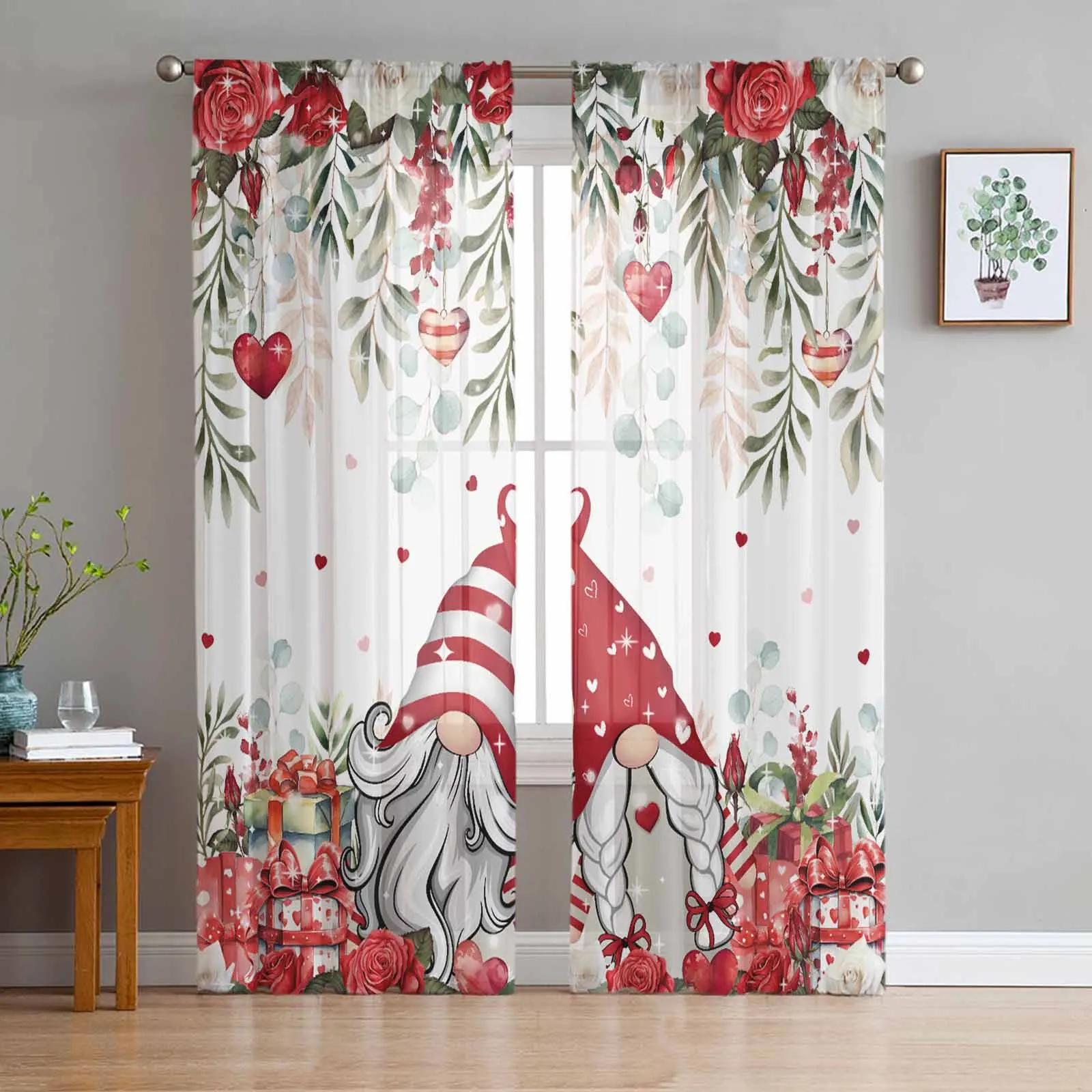 

Valentine'S Day Rose Love Dwarf Flower Leaves Tulle Voile Curtains for Bedroom Living Room Window Curtain Sheer Organza Drapes