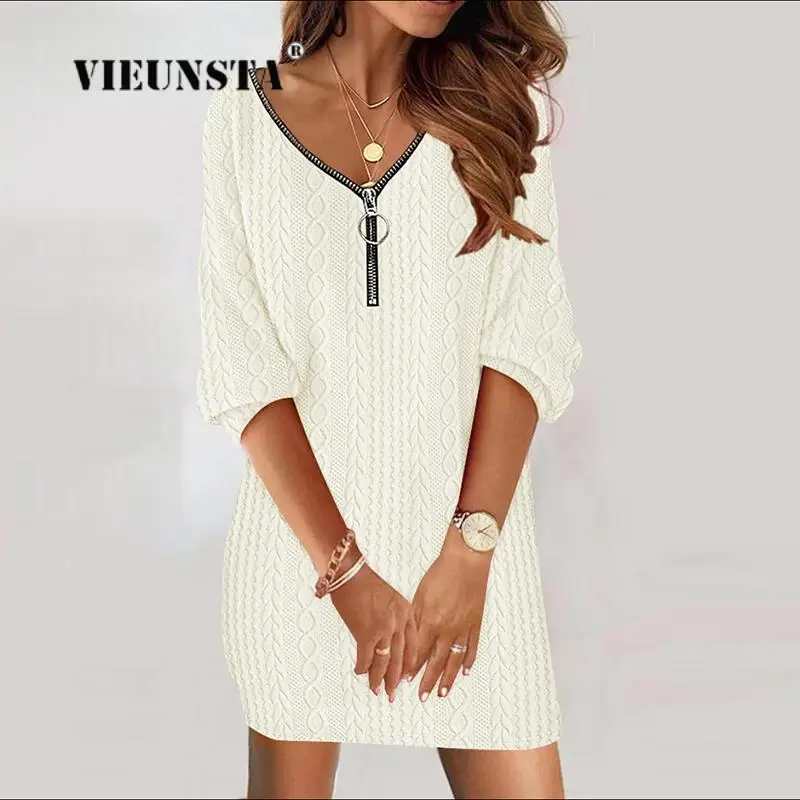 

Fall Daily Wear Simple Solid Knitted Dress Office Lady New Chic Zip Up V-Neck Loose Dress Women Winter Long Sleeve Bottom Dress
