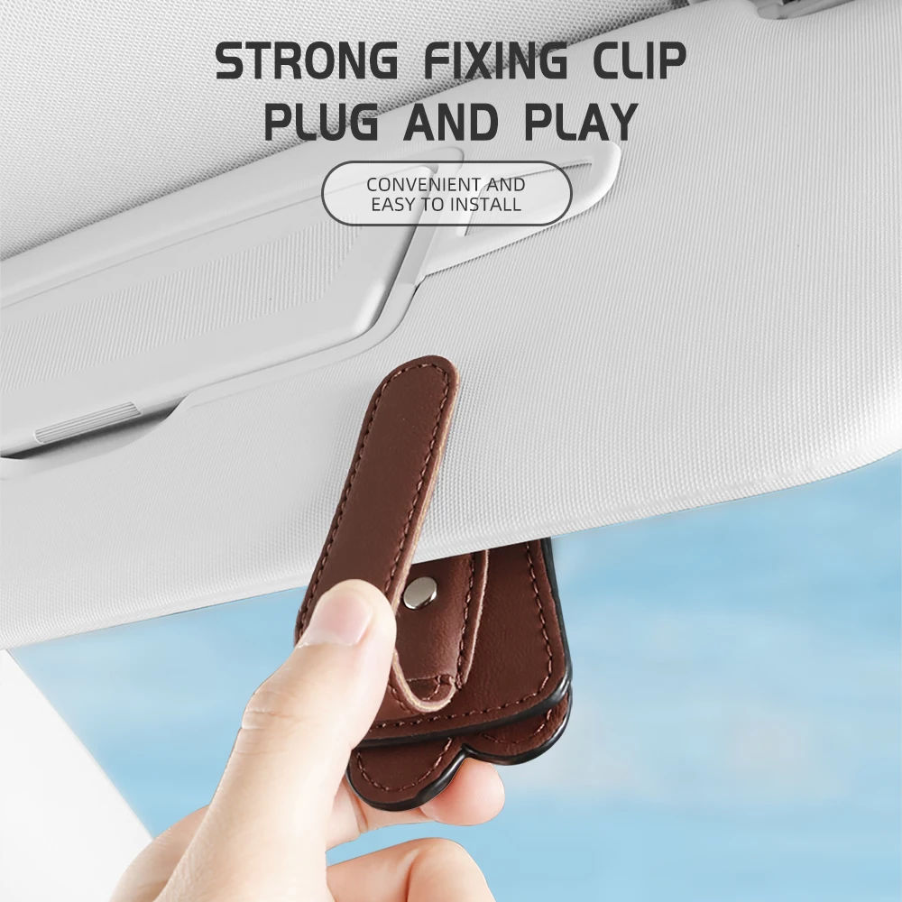 차량용 선바이저에 부착하는 자석 가죽 선글라스 홀더, 다기능 안경 및 카드 클립, 다양한 크기의 안경에 적합