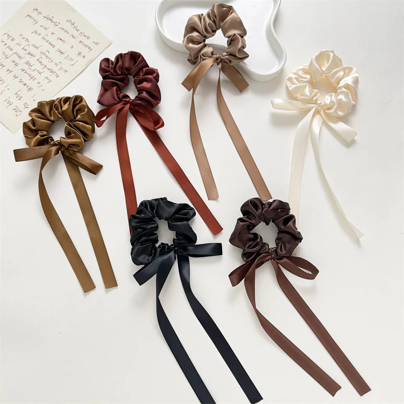 

Summer Solid Color Temperament Designer Long Ribbon Bow Large Elastic Hair Band For Woman Satin Ponytail Rubber Ties Accessories