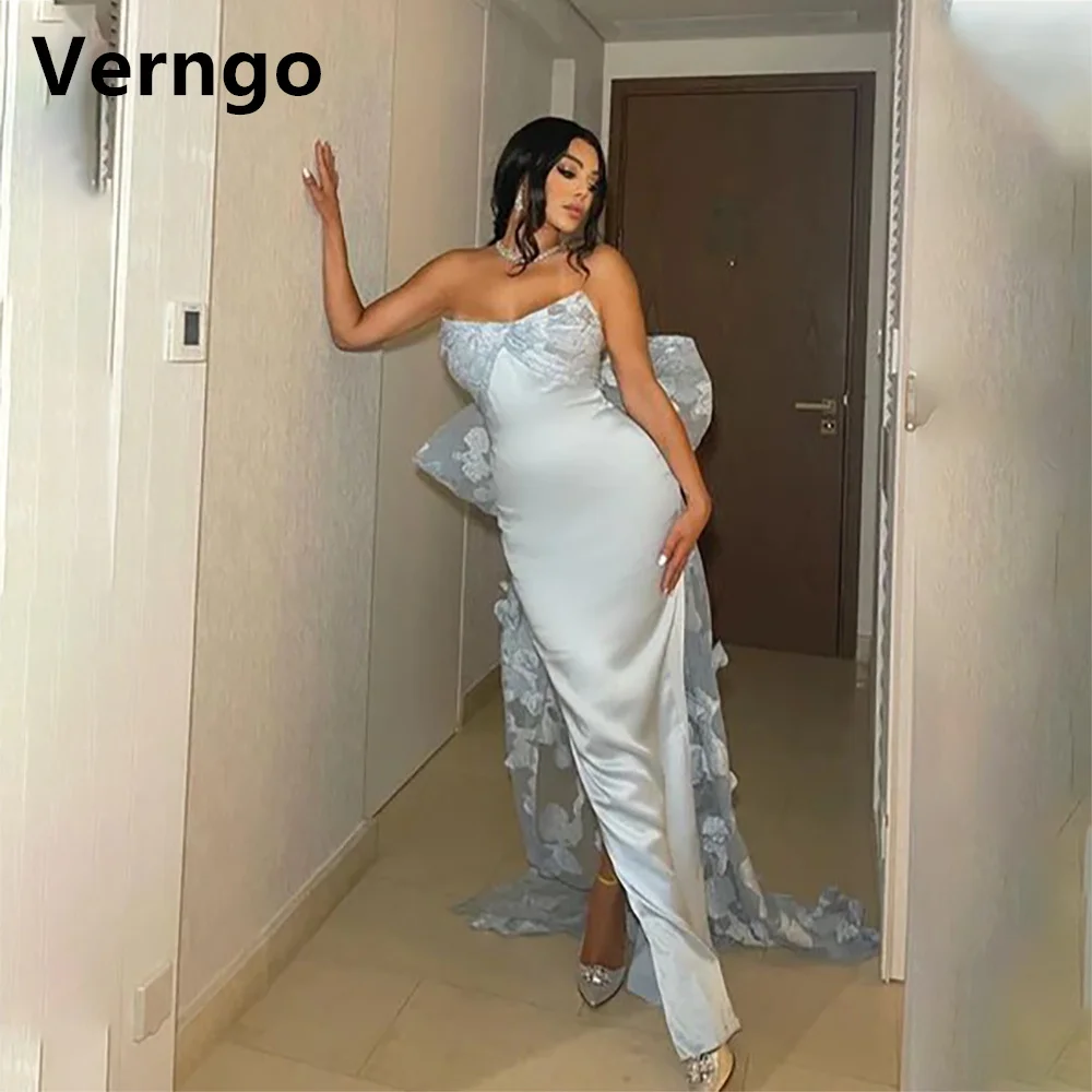 

Verngo Blue Satin Party Dress Applique Mermaid Prom Gowns For Women Sweetheart Sleeveless Evening Dress Elegant Formal Gowns