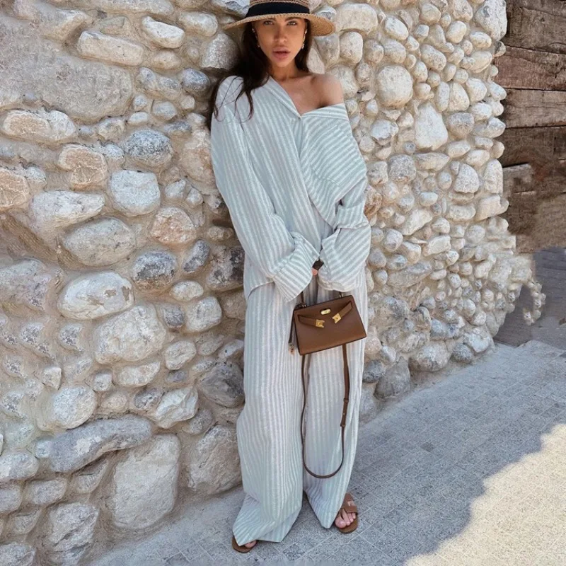 

NEW 2023 Elegant Casual Loose Stripe Two Piece Set Women Outfit Long Sleeve Blouse Matching High Waist Wide Pants Set