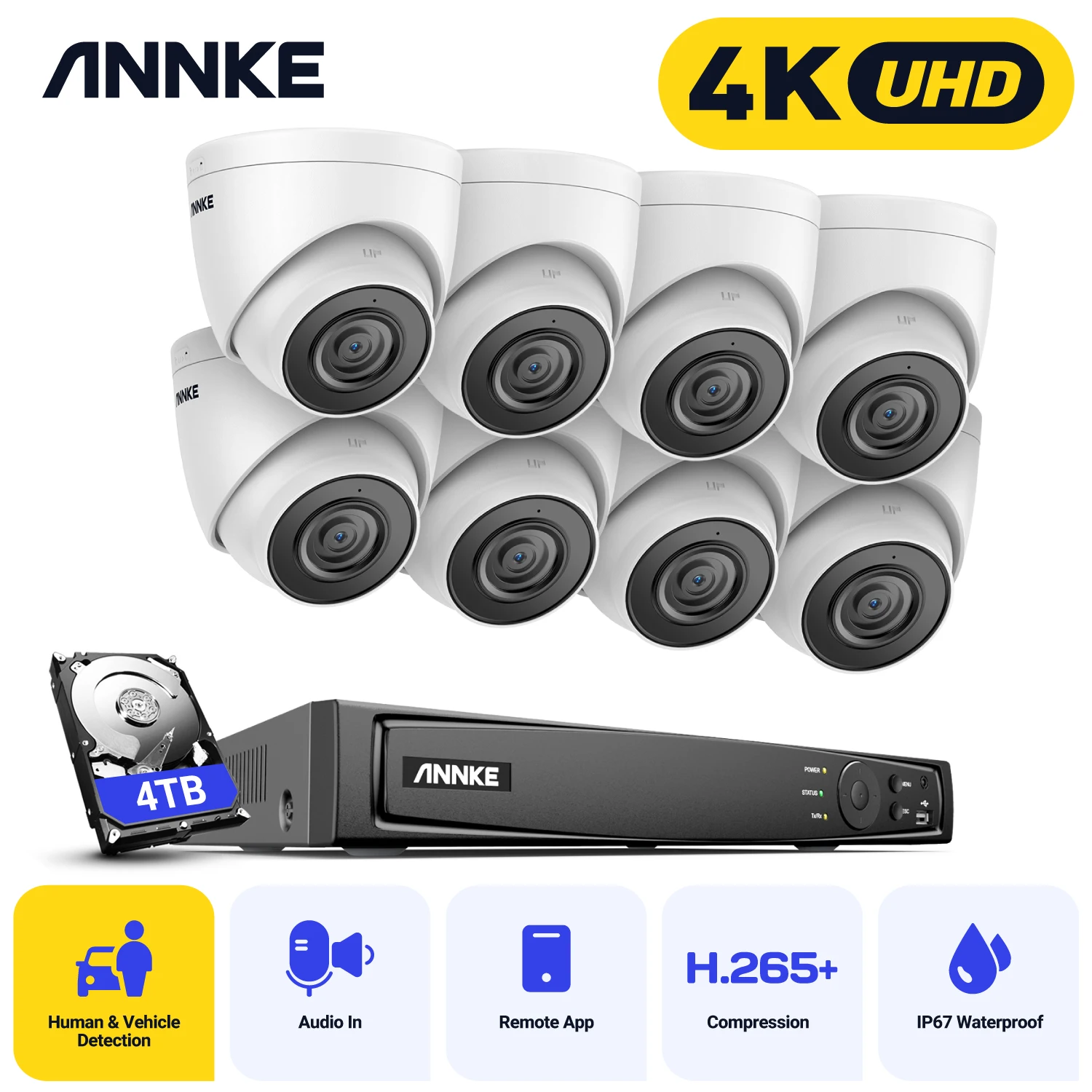 Annke H800 8Mp 4K Ultra Hd Poe 8Ch Nvr Sistema Di Telecamere Di Sicurezza A Torretta Con Telecamere Di Registrazione Audio Esterne Cablate 4K 4K