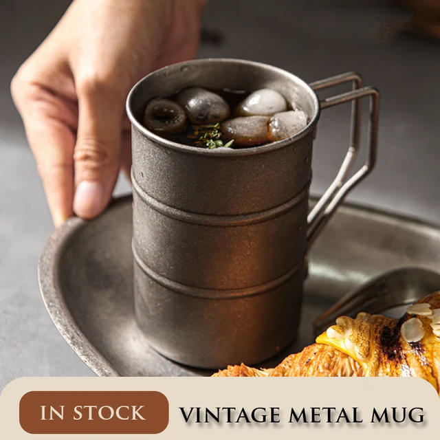 Vintage Rozsdamentes Acél Fém Kávéscsészék Régi Kézműves Kültéri Kemping Sör Bögrék Otthoni Dekorációs Fotó Kellékek - Image 2