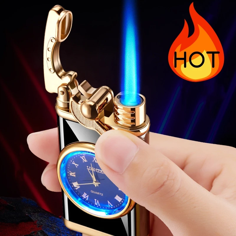 

HOT Creative Metal Windproof Turbine Torch Blue Flame Butane Gas Lighter Outdoor Cigar Clock Rocker Arm Lighter Men's Gift