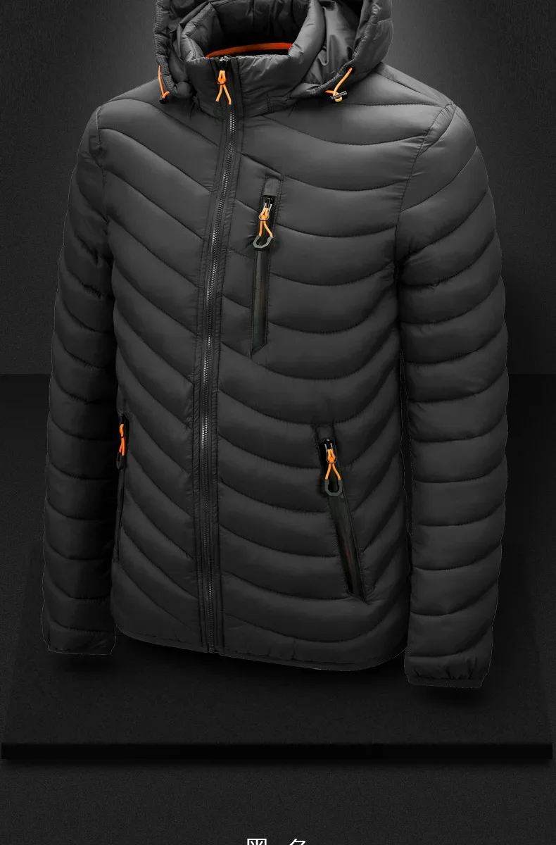 Men's Winter New Solid Color Casual Lightweight Warm Detachable Hooded Zipper Stand Collar Cotton-padded Clothes , Young Man