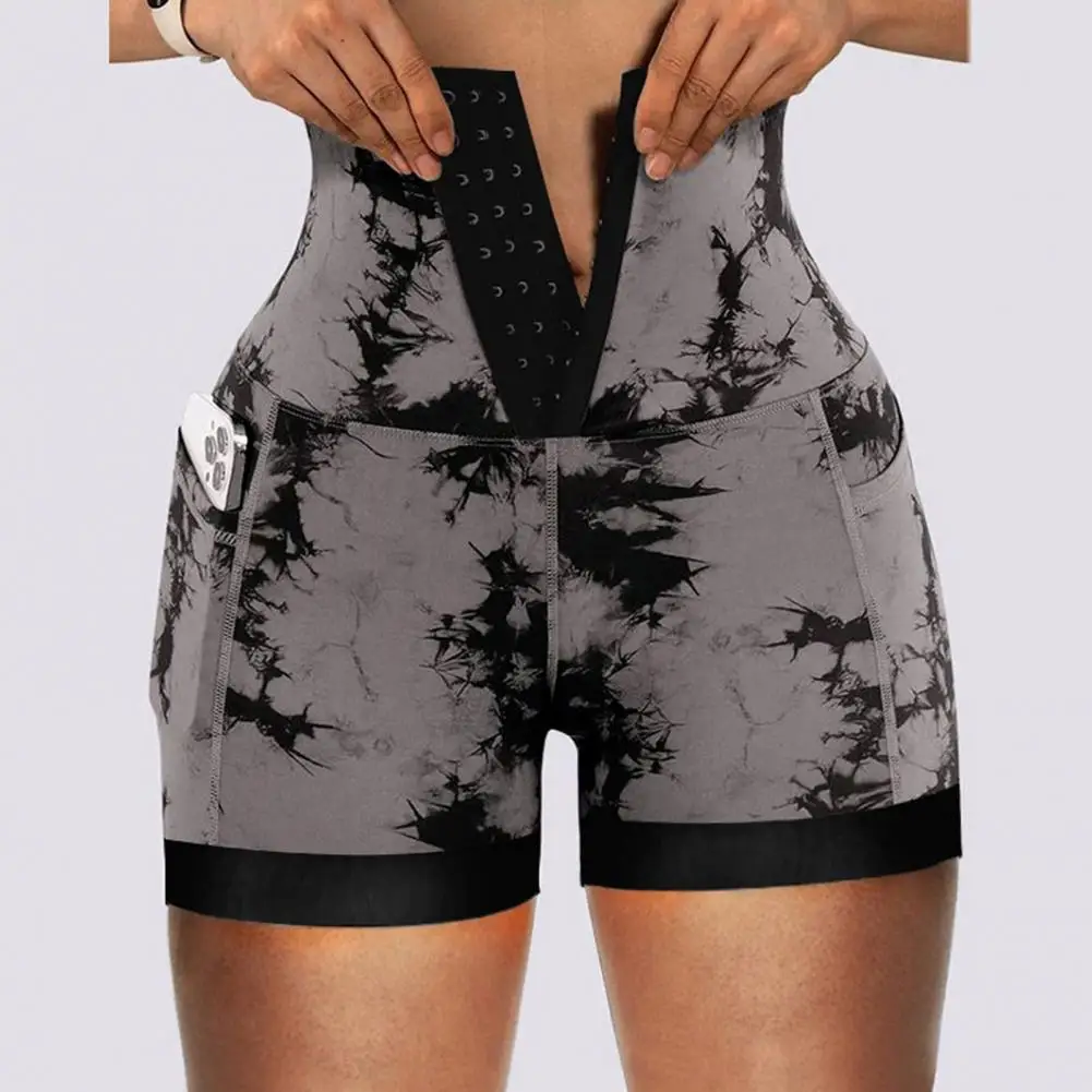 Front Closure Shorts Women High-waist Shorts Tie-dye Yoga Women High-waist Tummy Control Butt-lifted Front Closure