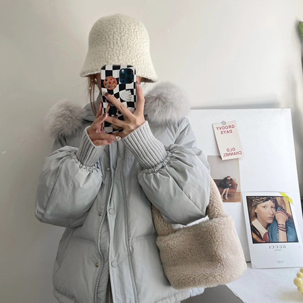 Women Fox Fur Collar Down Jacket Winter Solid Short Thickened Puffer