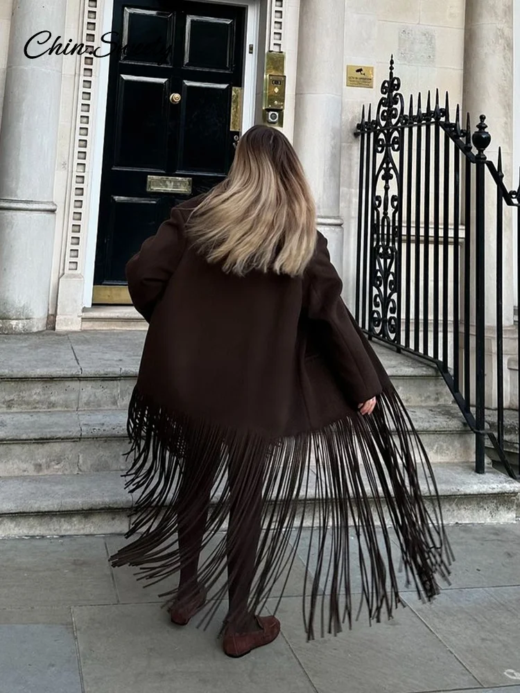 Fashion Woolen Tassel Long Coat Women Brown Single Breasted Long Sleeve Lapel Loose Jacket 2025 Spring High Street Outerwear