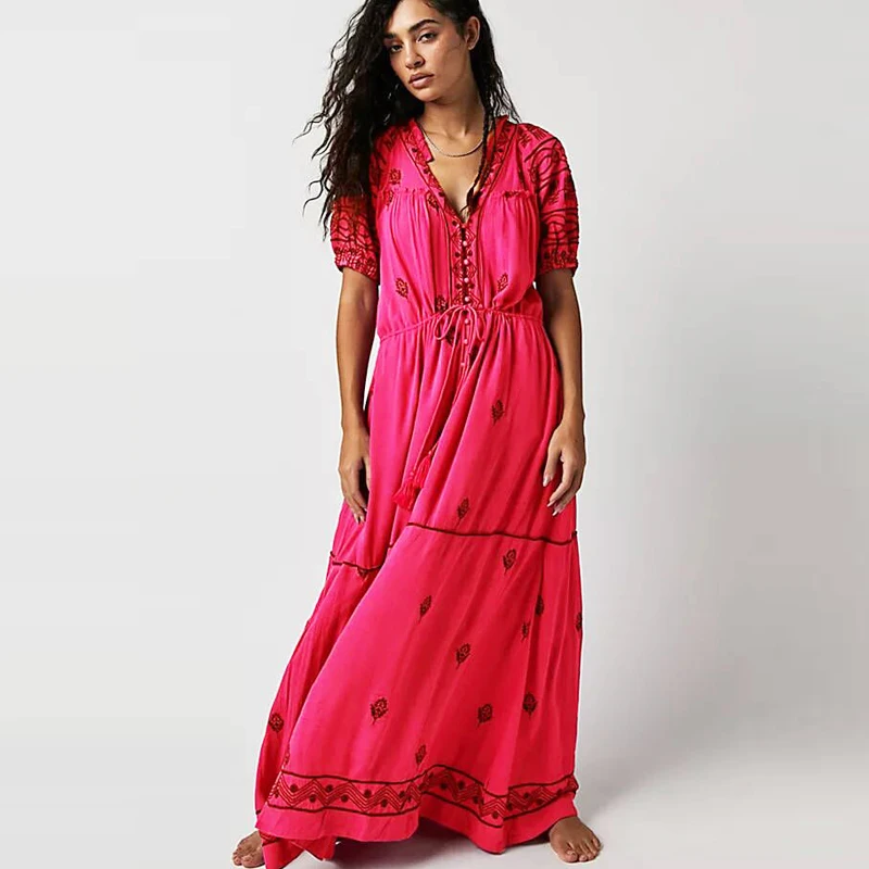 

Boho Beach Robe Drawstring Waist Vestidos Vintage V Neck Long Dress Summer Floral Embroidery Cotton Dresses for Women