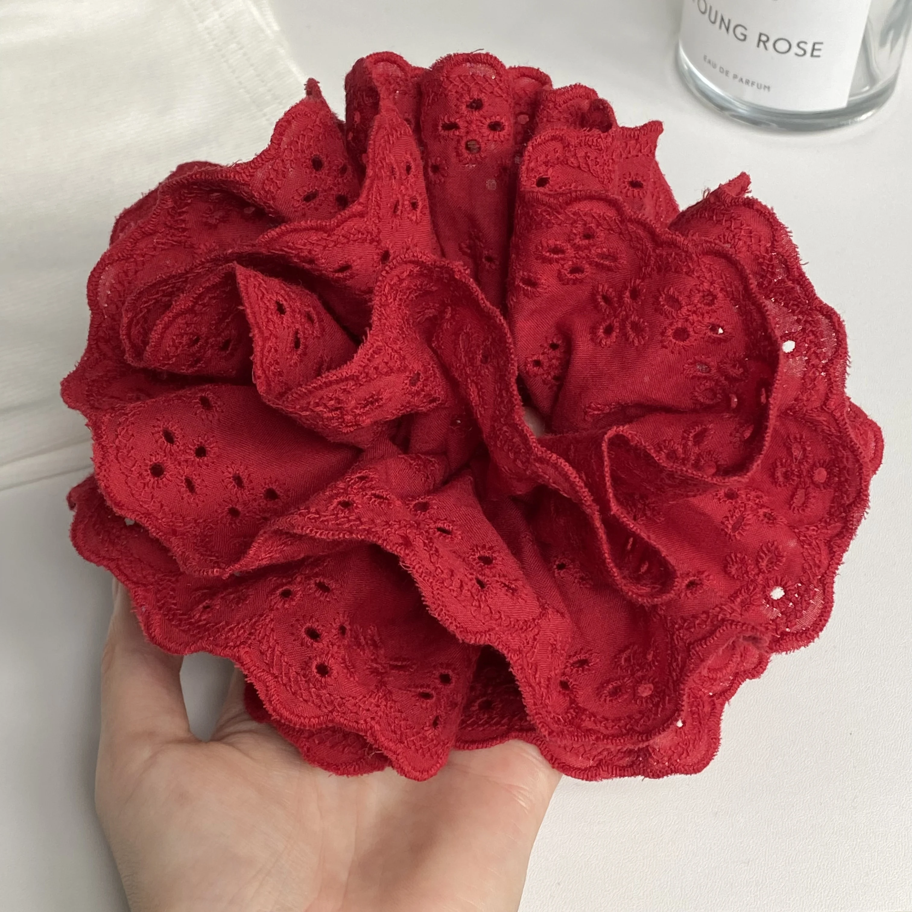 1PC Large Red Lace Hair Scrunchie, Elegant Ruffled Hair Tie with Hollow - Out Design, Romantic Hair Accessory for Women