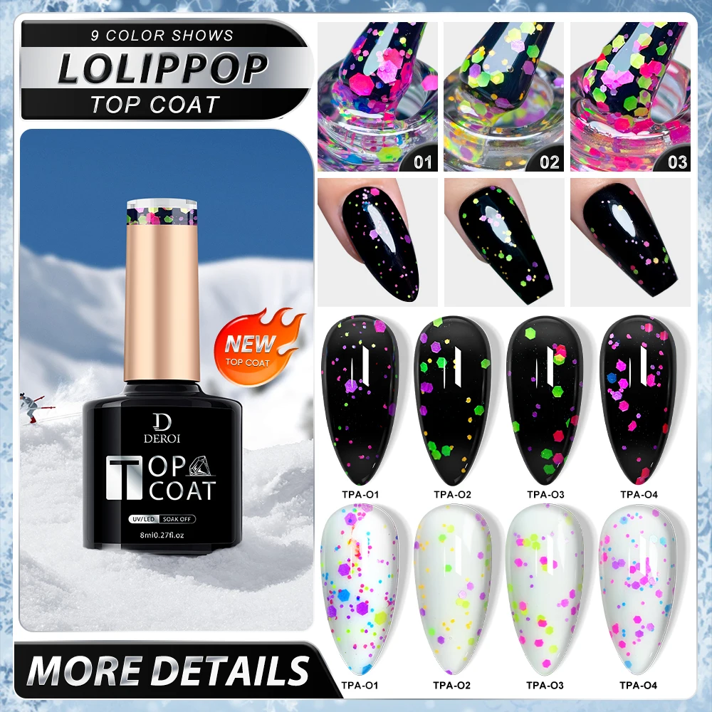 DEROI 2 IN 1 Glitter No Wipe Top Coat Gel Clear Nail Polish Flash Diamond Top Coat UV Gel Matte Topcoat Soak Off Manicure 8ml 5