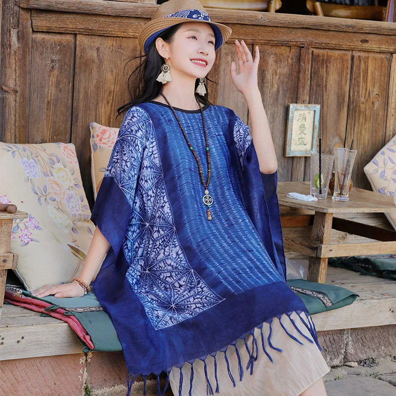 Summer Tie Dyed Ethnic Style Shawl Yunnan Dali Tourism Cloak Coat Shoulder Padded Sunscreen Cloak Tassel Shawl Girl