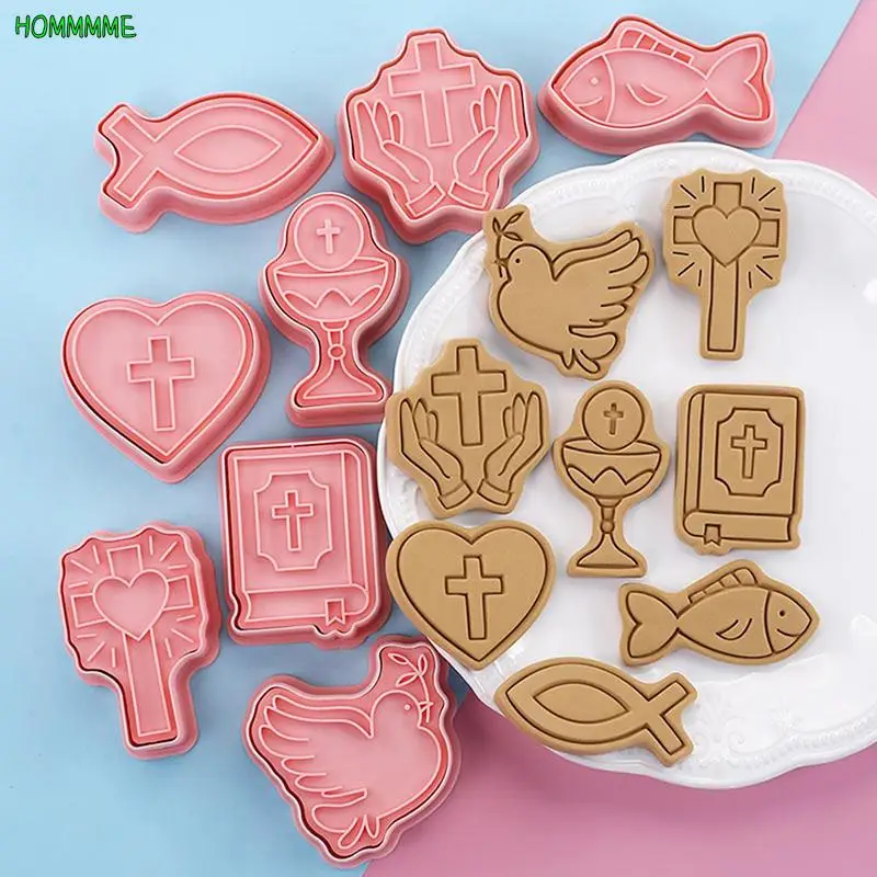 8Pcs/10pcs Christian Communion Cookie Cutter 3D Cartoon Cross Love Fish Chalice Pressable Biscuit Stamps Mold Cake Decoration
