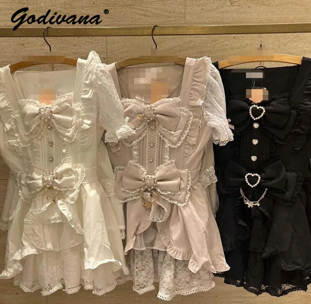 Japanese Style Cute Bow Short Sleeve Slim Lace Lolita Cake Dress Culottes Set Spring Summer Women Girls Sweet Shorts Set Outfits lolita dress lolita cosplay costumes