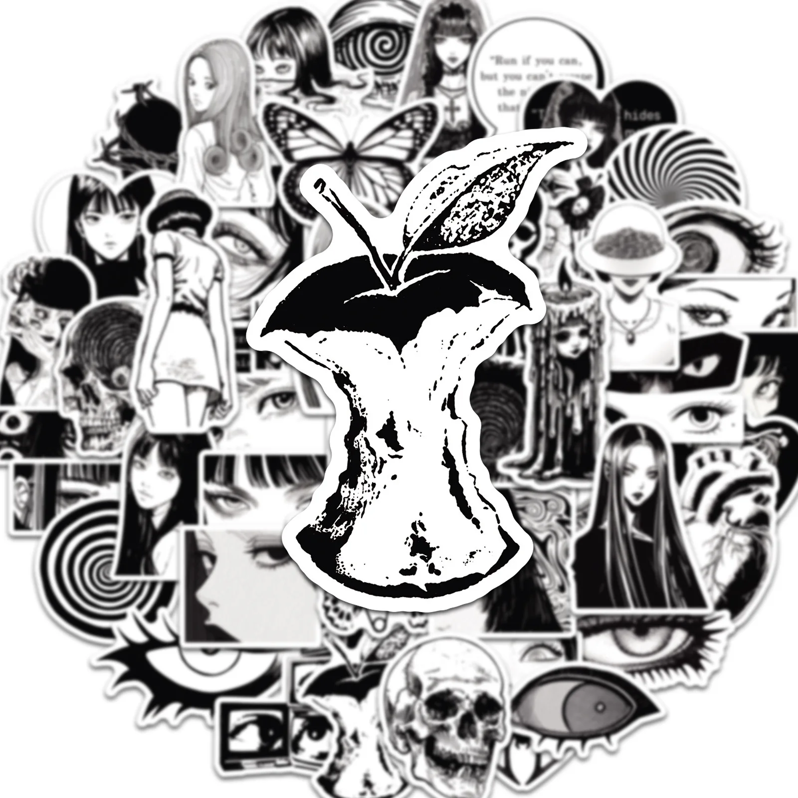 50PCS Ins 스타일 애니메이션 블랙 화이트 호러 소녀 스티커 미적 DIY 스크랩북 노트북 수하물 노트북 스케이트 보드 자동차 스티커