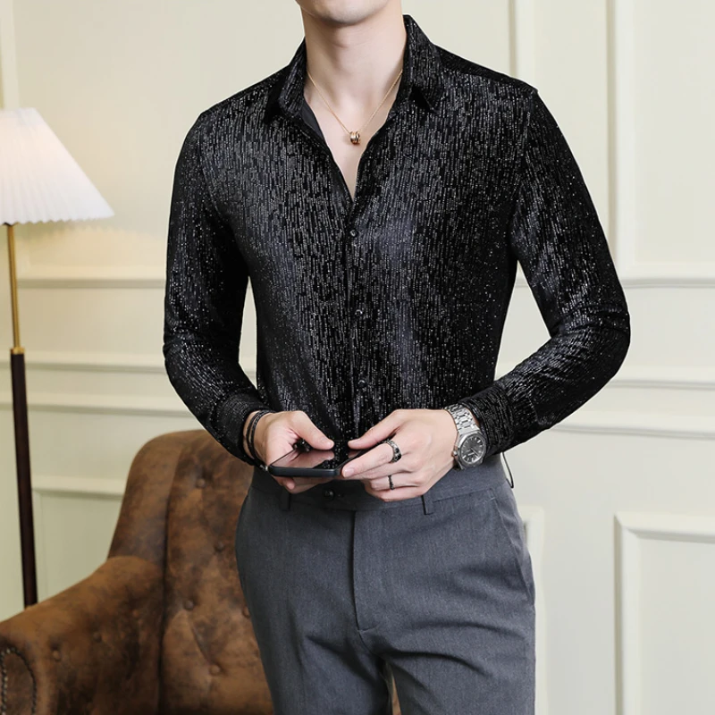 용수철 남성용 긴팔 셔츠, 슬림핏 프린트 캐주얼 블라우스, 편안한 브랜드 의류, 4XL-M, 신상 품질