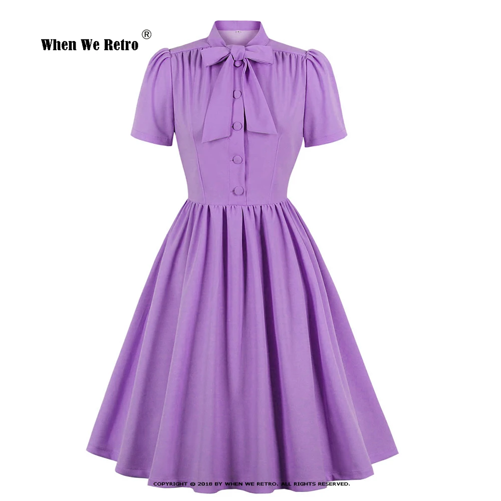 

Candy Color Women's Summer Dress Bow Tie Neck Button Up Vintage 50s 60s Rockabilly Robe Femme Midi Dress Office Party SD0081