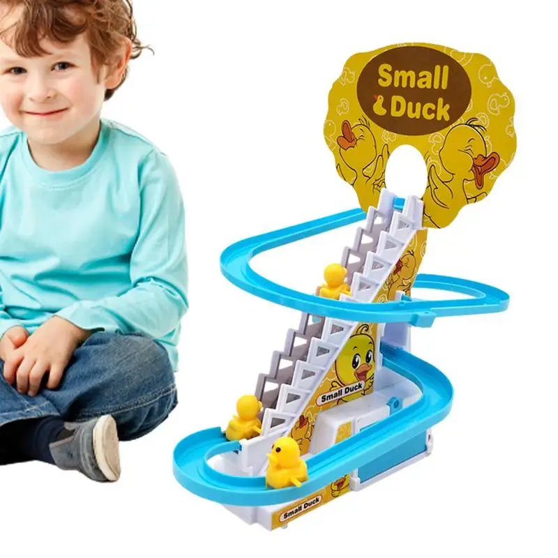 

Climbing Stairs Track Toy Lighted Slide Stairs Ducks Chasing Game Toys Roller Coaster With Music Early Education Fun Play Gifts