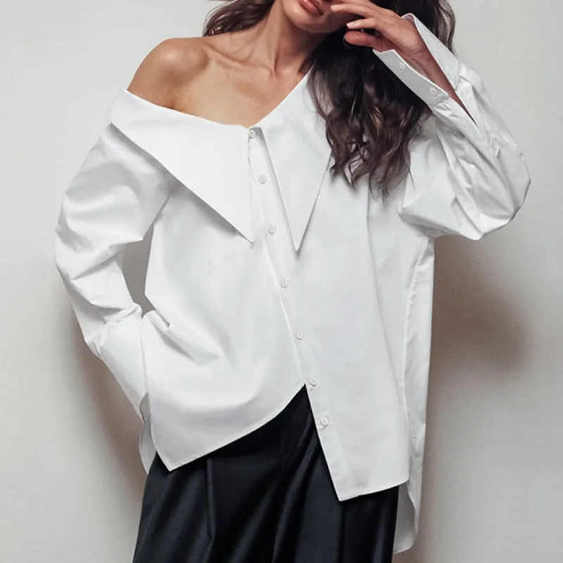 

2024 Spring Fashion New Women's White Sexy Off Shoulder Asymmetric Neck Elegant Loose Shirt Temperament Commuting Female Blouses